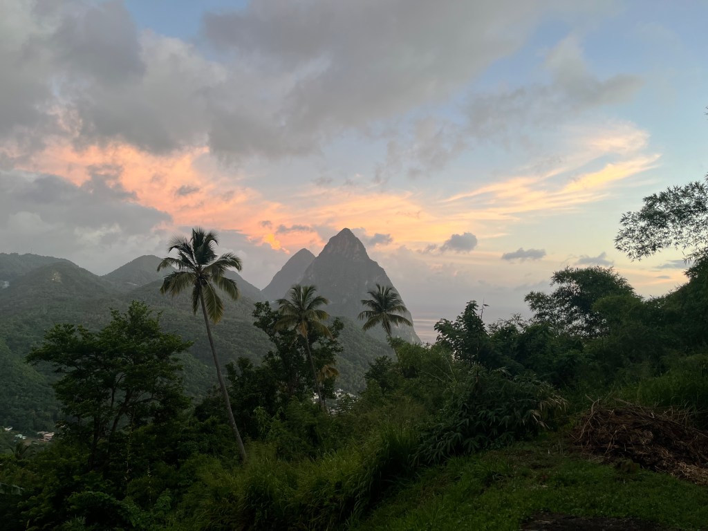 Petit Piton and Gros Piton rising above Saint Lucia's coast